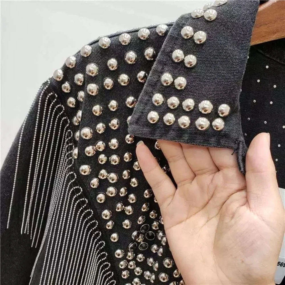 SOLD OUT Black Oversized Studded Chain Fringe Denim Jacket - Picture 6 of 8